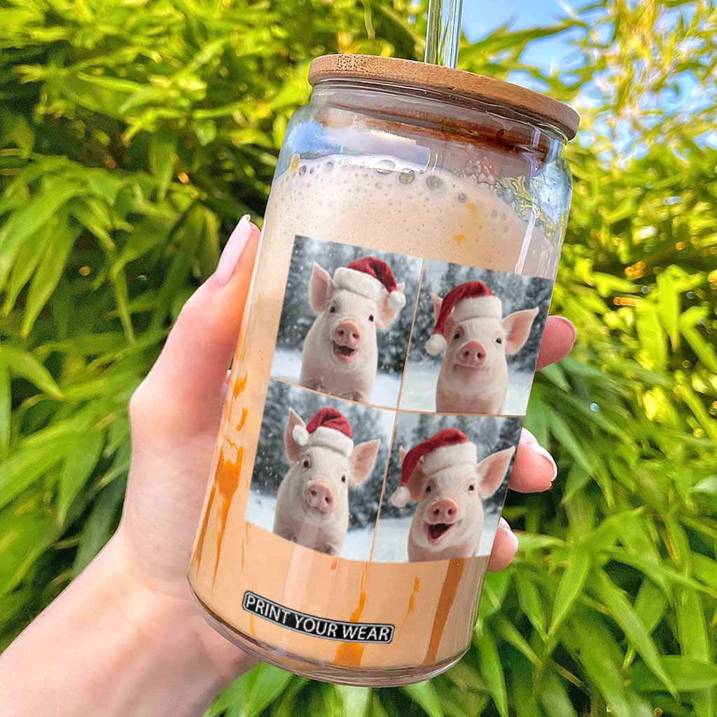 Funny Pig With Santa Hat Photobooth Glass Can Christmas Gift TS12 White Print Your Wear