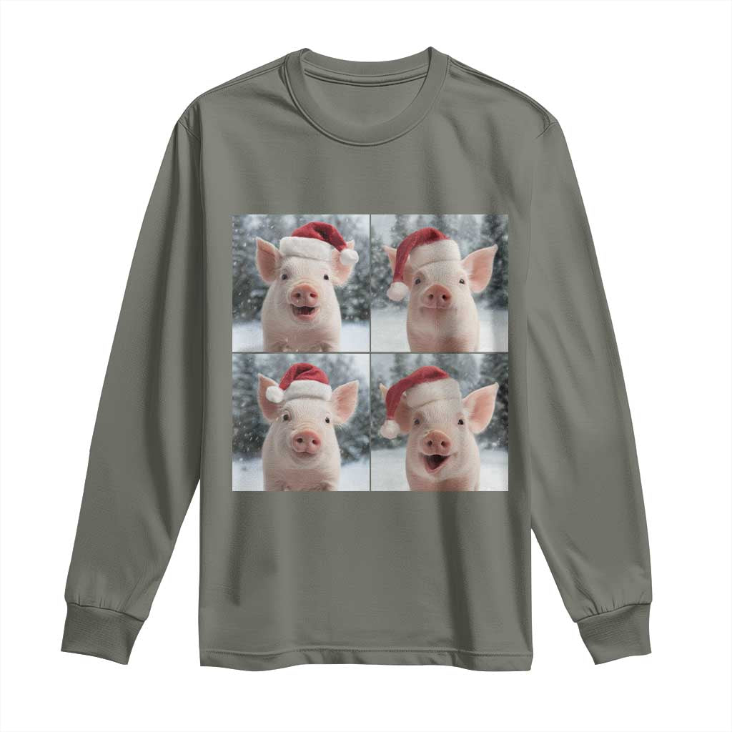 Funny Pig With Santa Hat Photobooth Long Sleeve Shirt Christmas Gift TS12 Military Green Print Your Wear