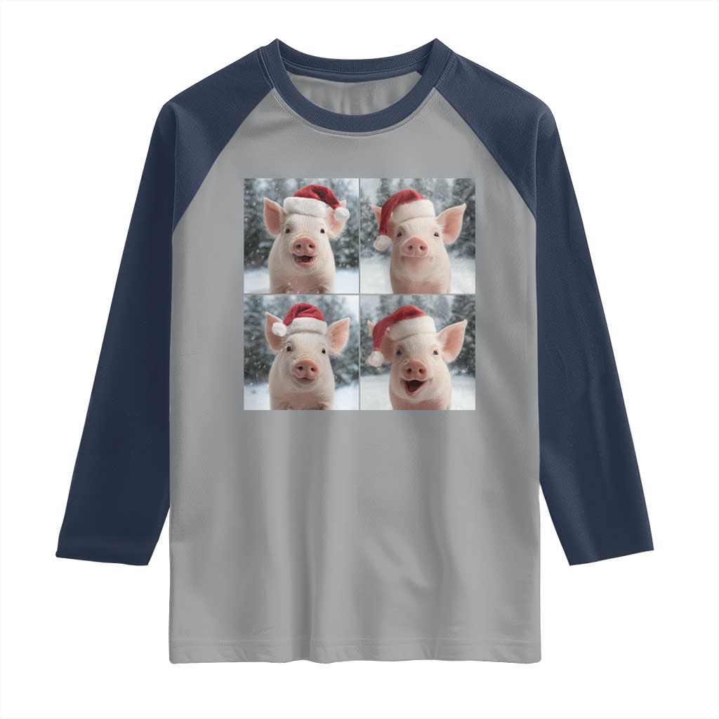 Funny Pig With Santa Hat Photobooth Raglan Shirt Christmas Gift TS12 Sport Gray Navy Print Your Wear