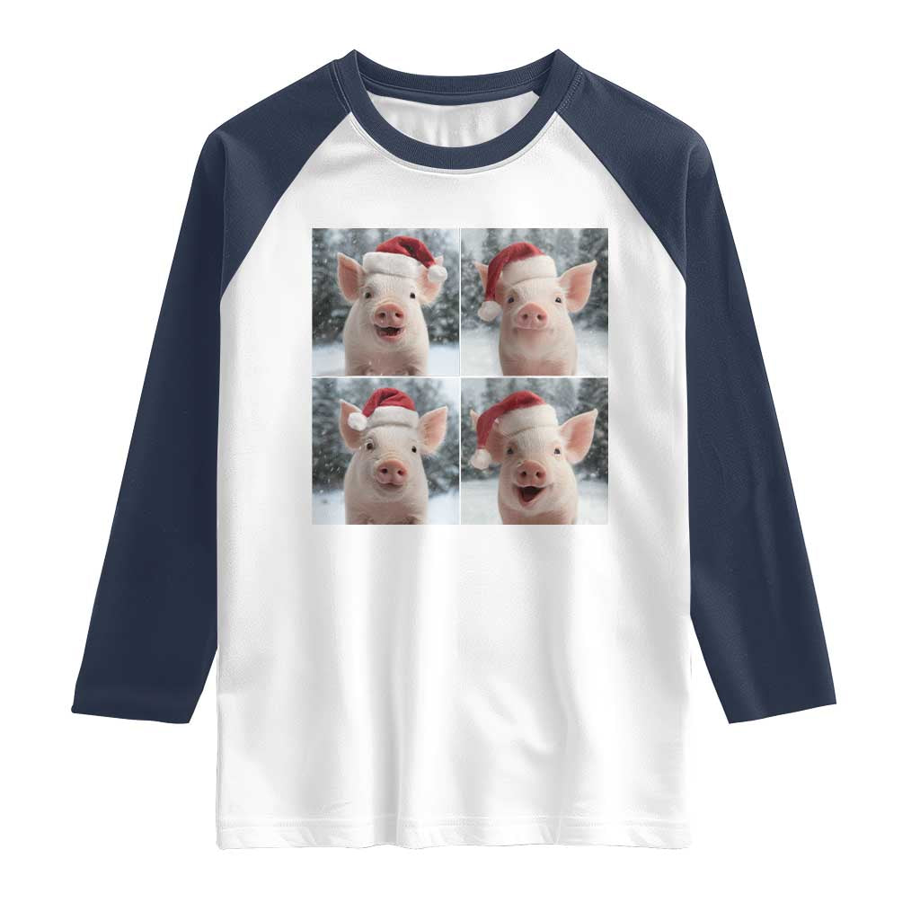 Funny Pig With Santa Hat Photobooth Raglan Shirt Christmas Gift TS12 White Navy Print Your Wear