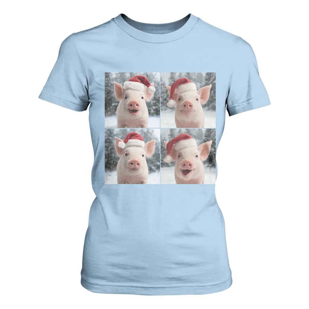 Funny Pig With Santa Hat Photobooth T Shirt For Women Christmas Gift TS12 Light Blue Print Your Wear