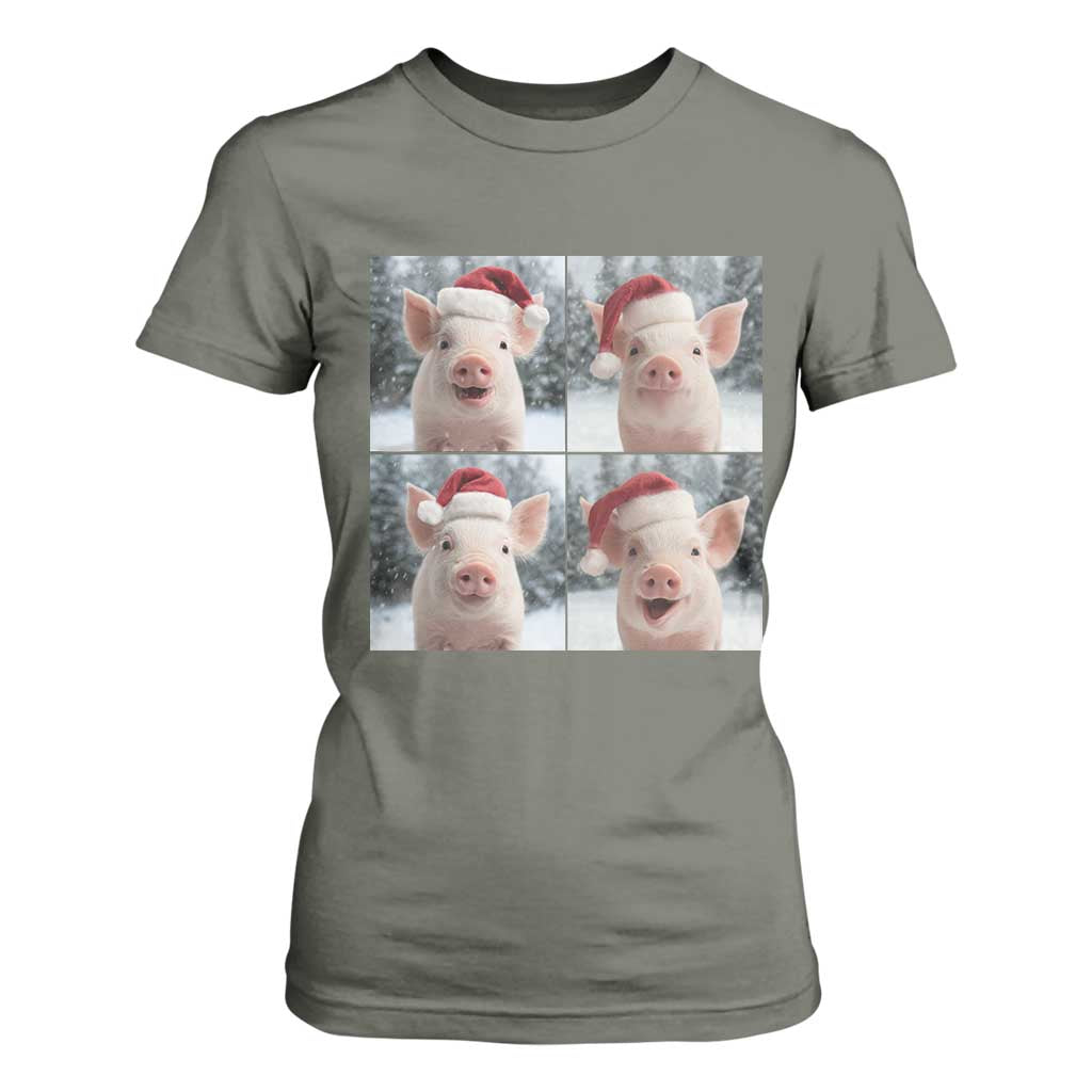 Funny Pig With Santa Hat Photobooth T Shirt For Women Christmas Gift TS12 Military Green Print Your Wear