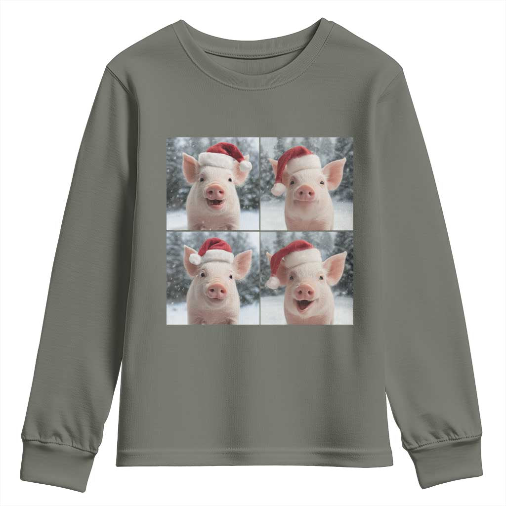 Funny Pig With Santa Hat Photobooth Youth Sweatshirt Christmas Gift TS12 Military Green Print Your Wear