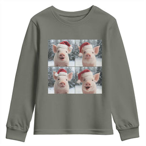 Funny Pig With Santa Hat Photobooth Youth Sweatshirt Christmas Gift TS12 Military Green Print Your Wear