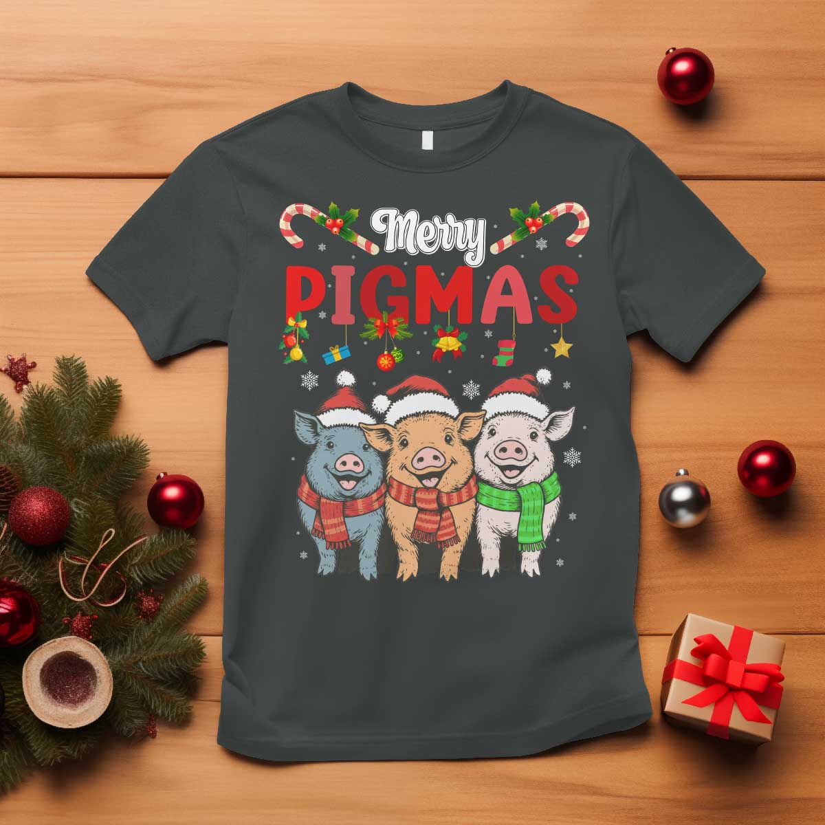 Funny Merry Pigmas T Shirt Christmas Pigs Farm Gift TS12 Dark Heather Print Your Wear