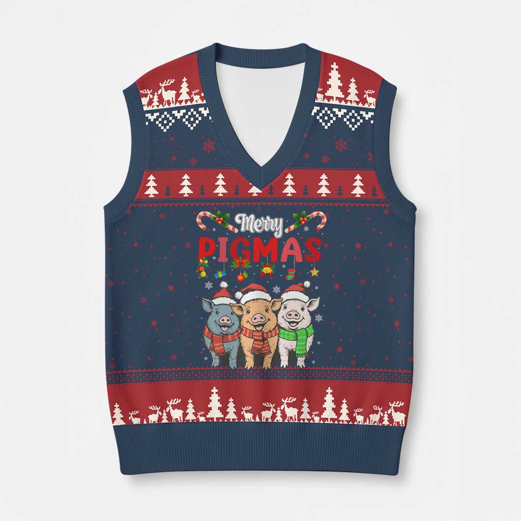 Funny Merry Pigmas V-Neck Knit Sweater Vest Xmas Pigs Farm Gift TS12 Navy Red Print Your Wear