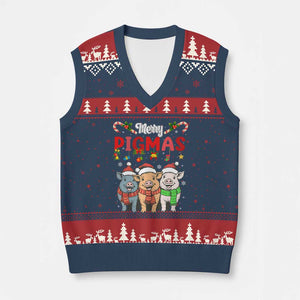Funny Merry Pigmas V-Neck Knit Sweater Vest Xmas Pigs Farm Gift TS12 Navy Red Print Your Wear
