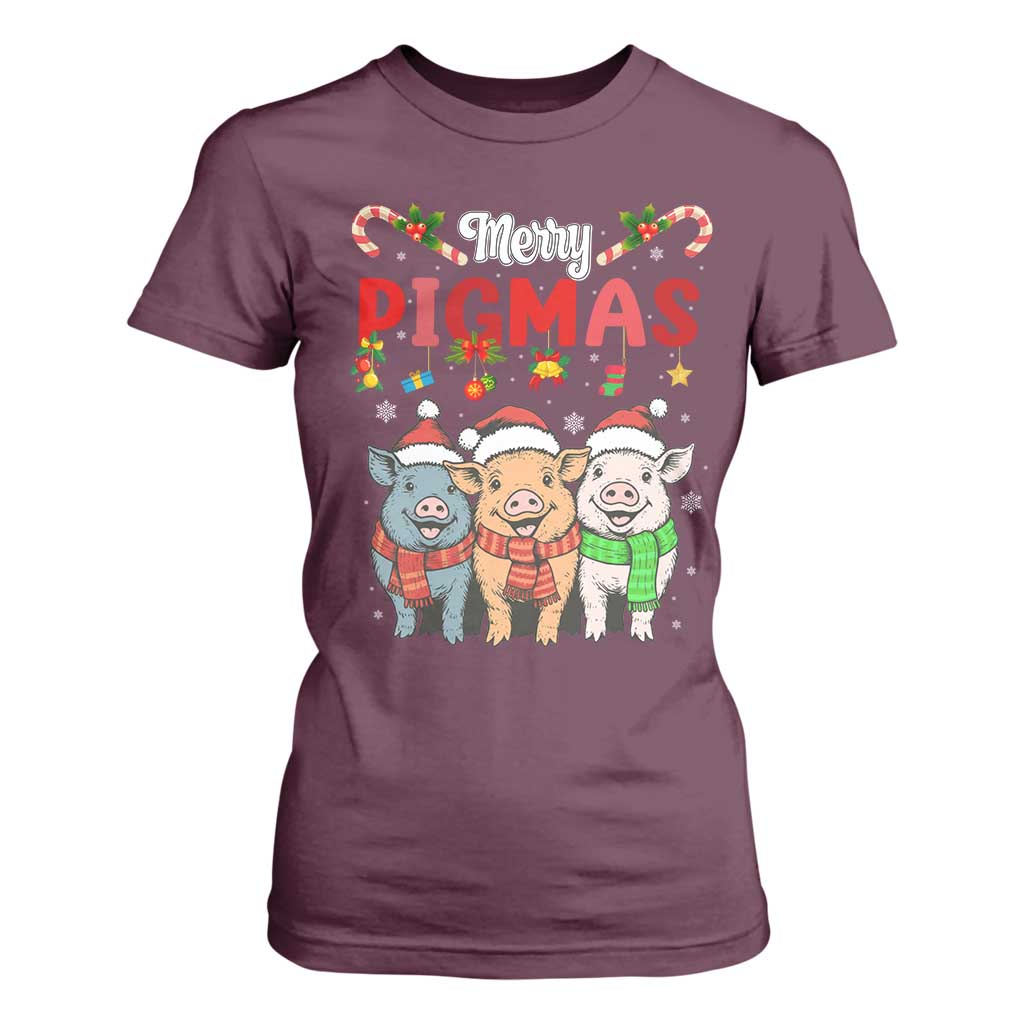 Funny Merry Pigmas T Shirt For Women Christmas Pigs Farm Gift TS12 Maroon Print Your Wear