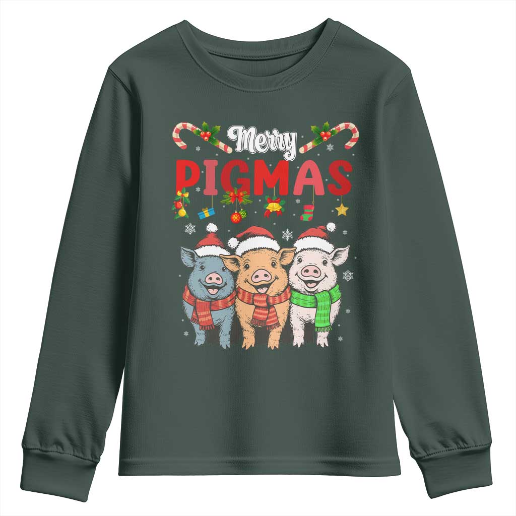 Funny Merry Pigmas Youth Sweatshirt Christmas Pigs Farm Gift TS12 Dark Forest Green Print Your Wear