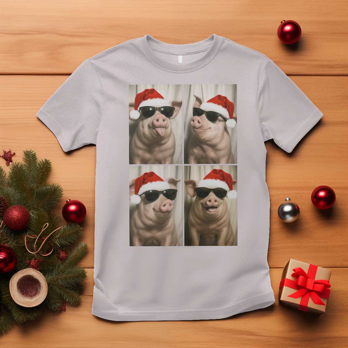 Cute Pig Christmas Selfie T Shirt Funny Holiday Photobooth Gift TS12 Ice Gray Print Your Wear