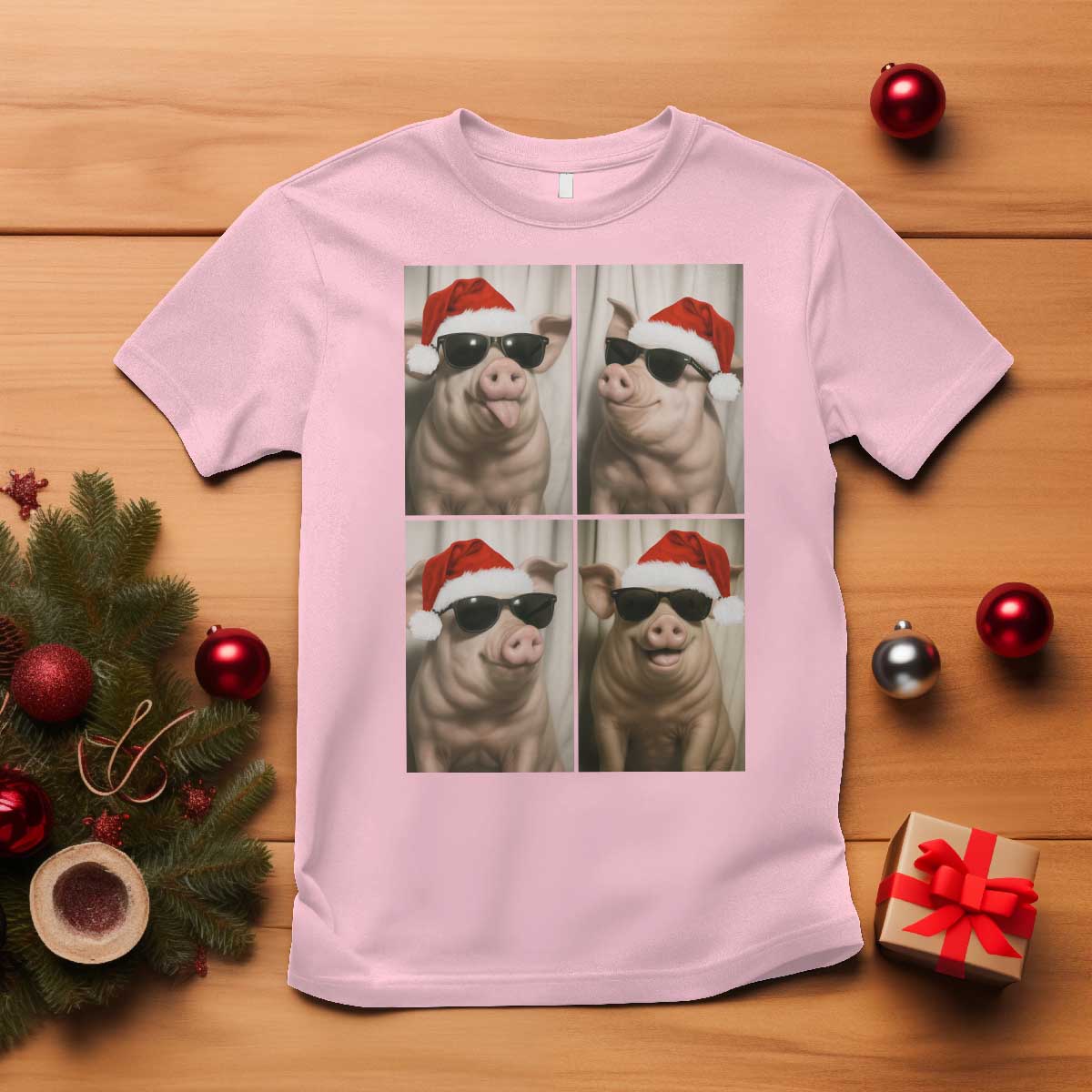 Cute Pig Christmas Selfie T Shirt Funny Holiday Photobooth Gift TS12 Light Pink Print Your Wear