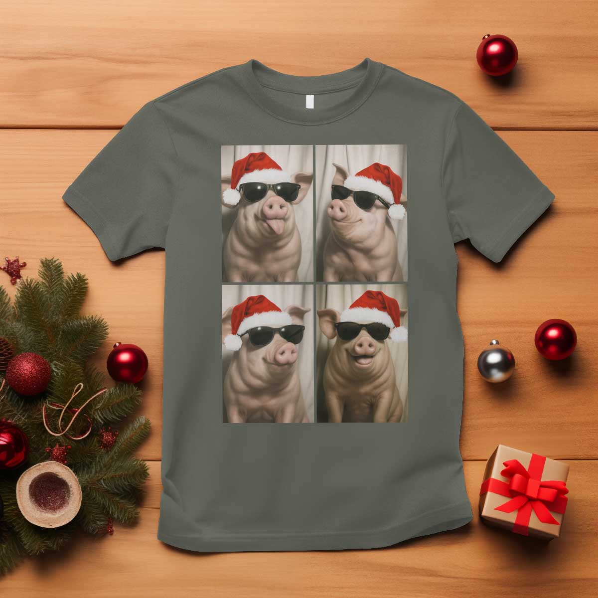 Cute Pig Christmas Selfie T Shirt Funny Holiday Photobooth Gift TS12 Military Green Print Your Wear