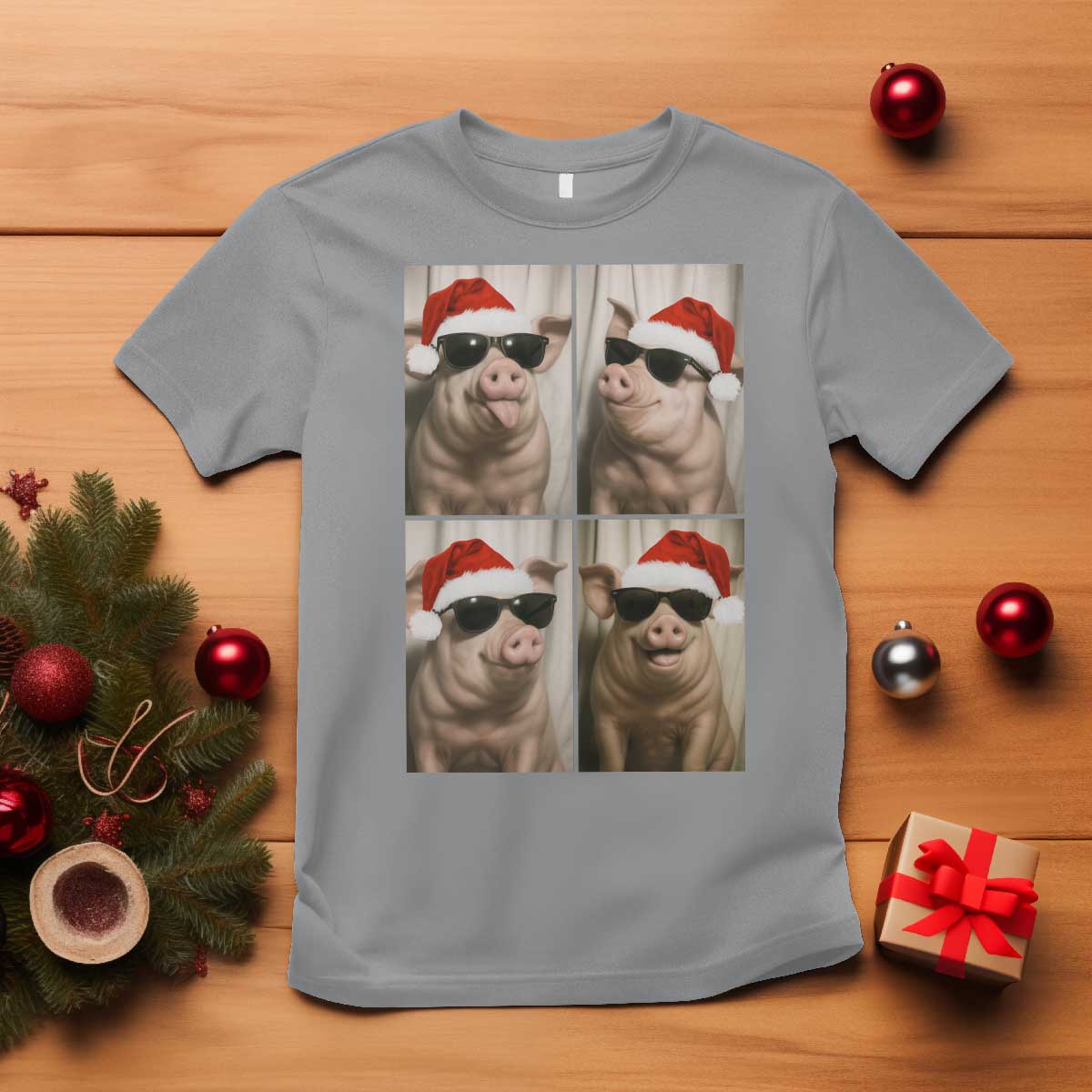 Cute Pig Christmas Selfie T Shirt Funny Holiday Photobooth Gift TS12 Sport Gray Print Your Wear