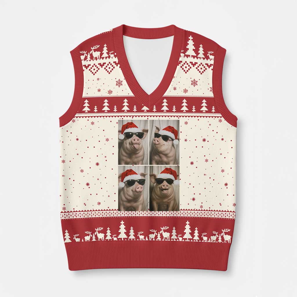 Cute Pig Xmas Selfie V-Neck Knit Sweater Vest Funny Holiday Photobooth Gift TS12 Beige Red Print Your Wear