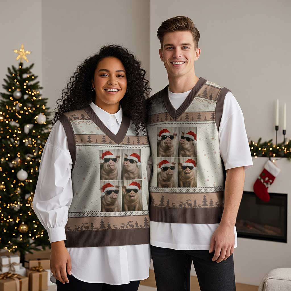 Cute Pig Xmas Selfie V-Neck Knit Sweater Vest Funny Holiday Photobooth Gift TS12 Mocha Mousse Print Your Wear