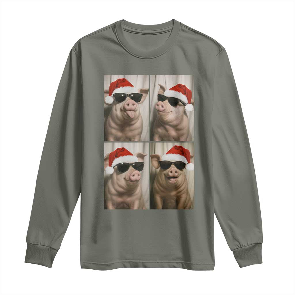 Cute Pig Christmas Selfie Long Sleeve Shirt Funny Holiday Photobooth Gift TS12 Military Green Print Your Wear