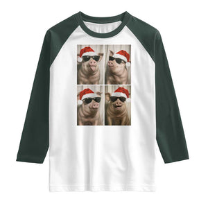 Cute Pig Christmas Selfie Raglan Shirt Funny Holiday Photobooth Gift TS12 White Dark Forest Green Print Your Wear
