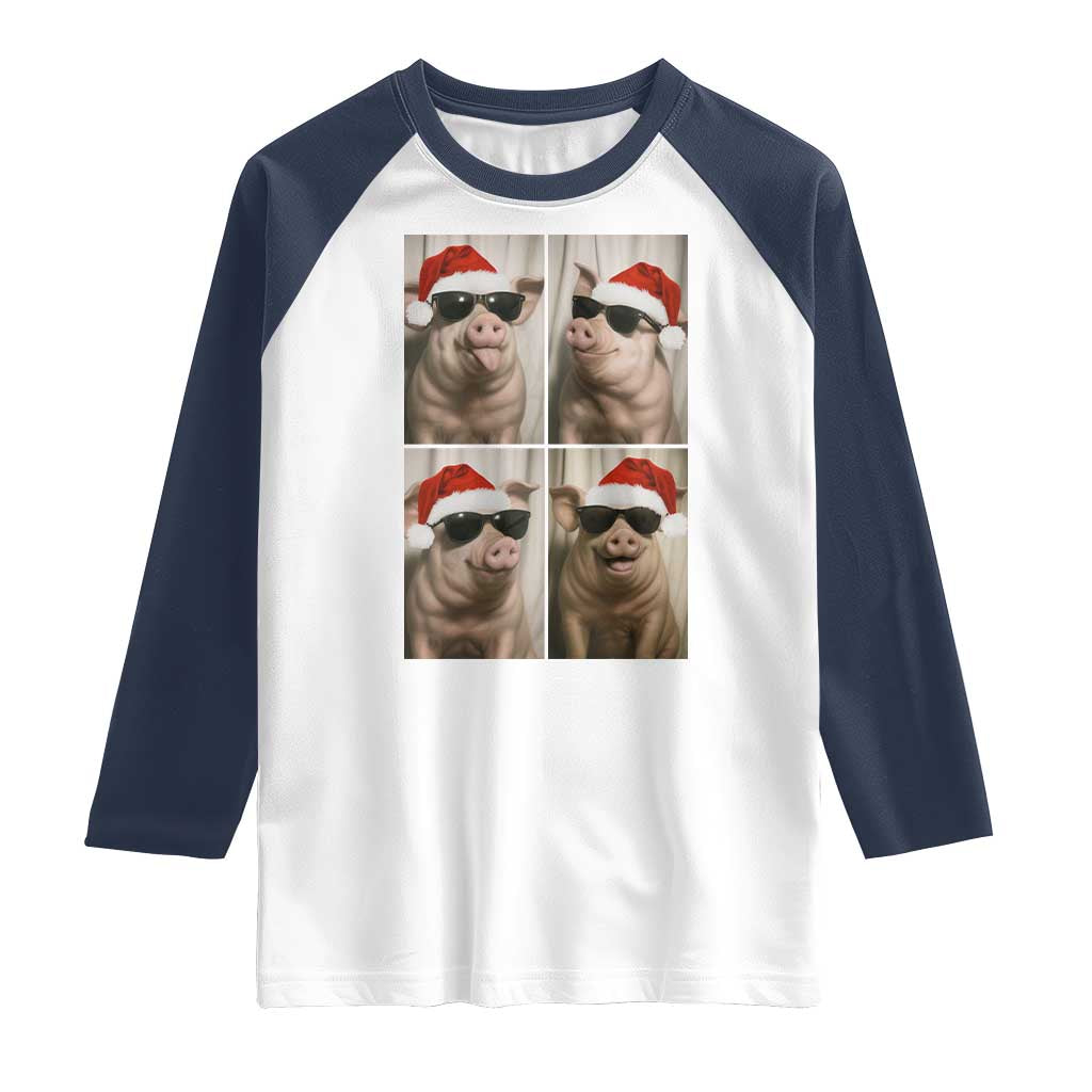 Cute Pig Christmas Selfie Raglan Shirt Funny Holiday Photobooth Gift TS12 White Navy Print Your Wear