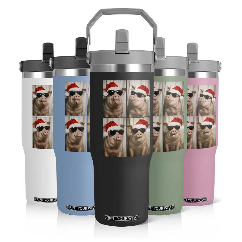 Cute Pig Christmas Selfie Flip Straw Tumbler Funny Holiday Photobooth Gift TS12 Print Your Wear