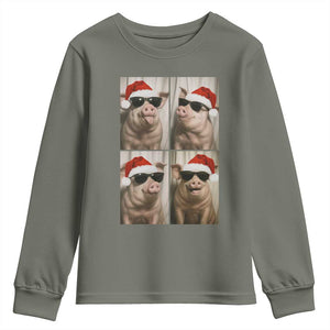 Cute Pig Christmas Selfie Youth Sweatshirt Funny Holiday Photobooth Gift TS12 Military Green Print Your Wear