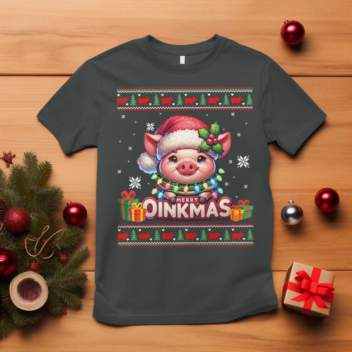 Funny Merry Oinkmas T Shirt Pig Lover Ugly Christmas Gift TS12 Dark Heather Print Your Wear