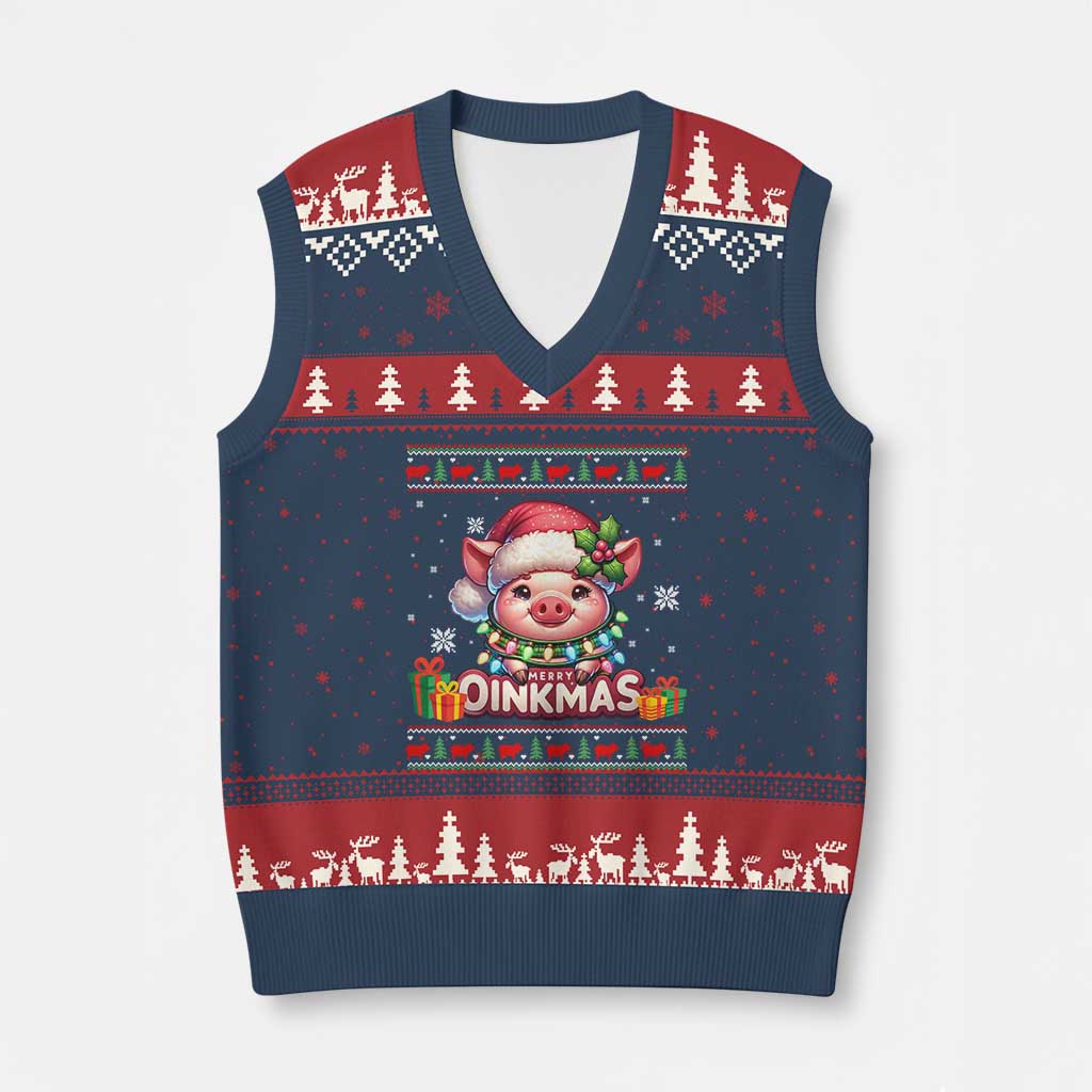 Funny Merry Oinkmas V-Neck Knit Sweater Vest Pig Lover Ugly Xmas Gift TS12 Navy Red Print Your Wear
