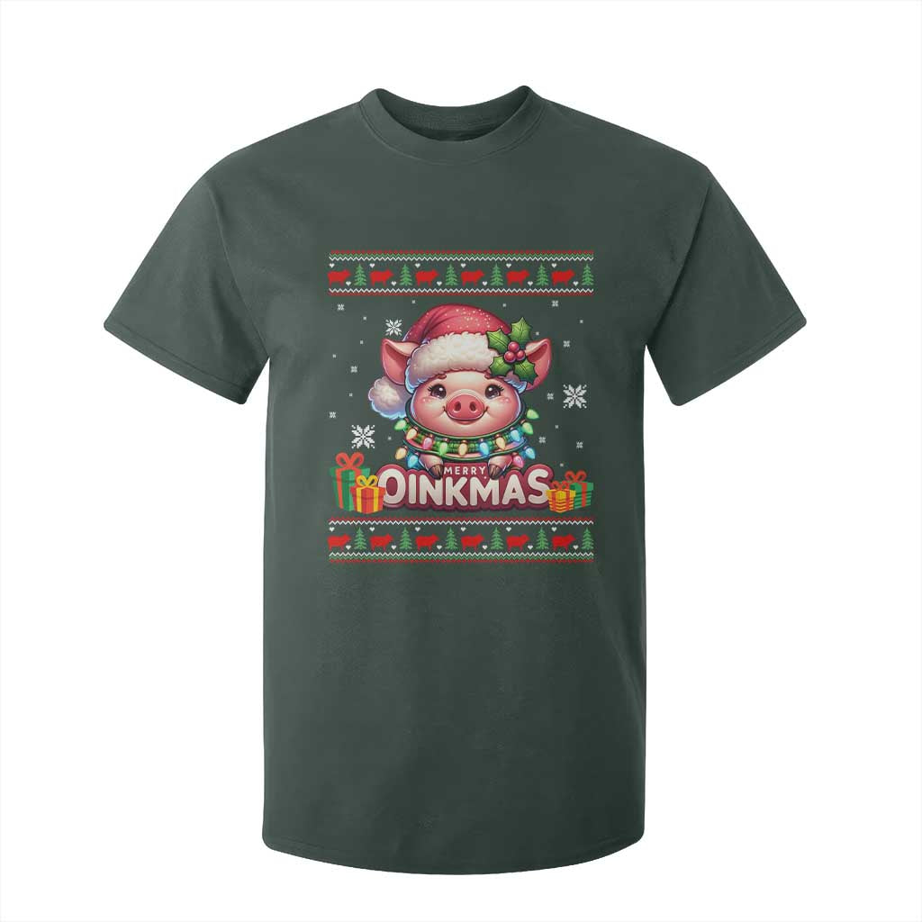 Funny Merry Oinkmas T Shirt For Kid Pig Lover Ugly Christmas Gift TS12 Dark Forest Green Print Your Wear