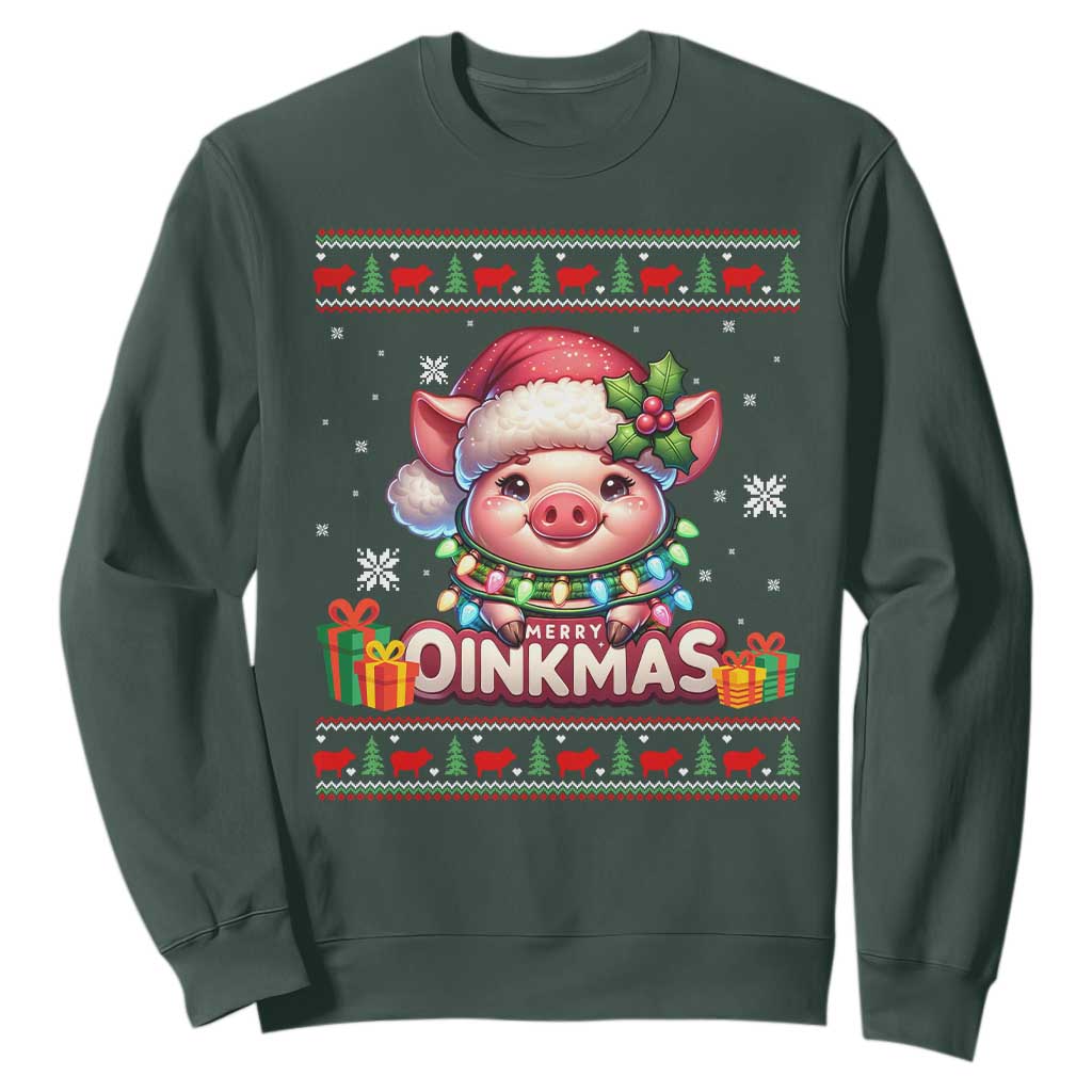 Funny Merry Oinkmas Sweatshirt Pig Lover Ugly Christmas Gift TS12 Dark Forest Green Print Your Wear