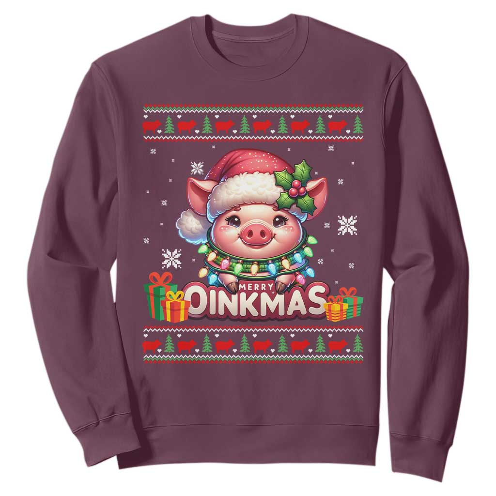 Funny Merry Oinkmas Sweatshirt Pig Lover Ugly Christmas Gift TS12 Maroon Print Your Wear