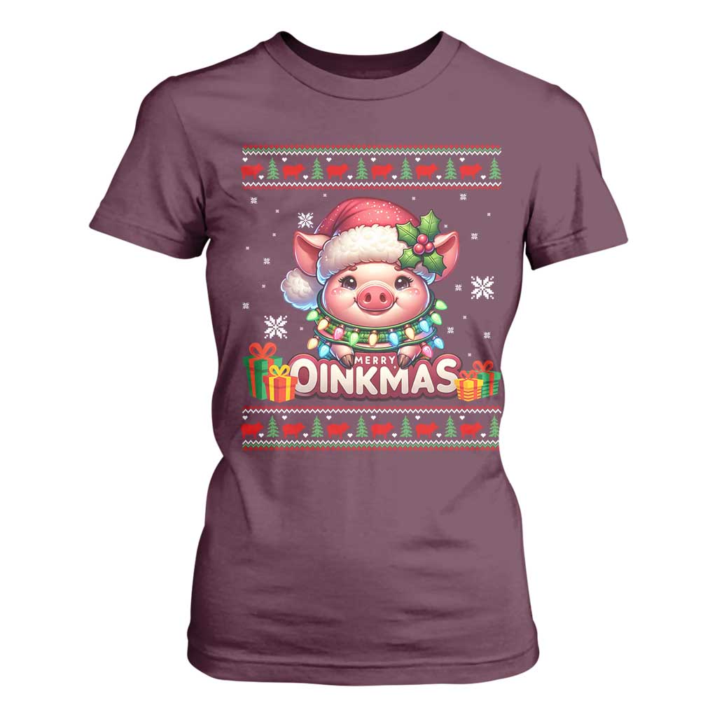 Funny Merry Oinkmas T Shirt For Women Pig Lover Ugly Christmas Gift TS12 Maroon Print Your Wear