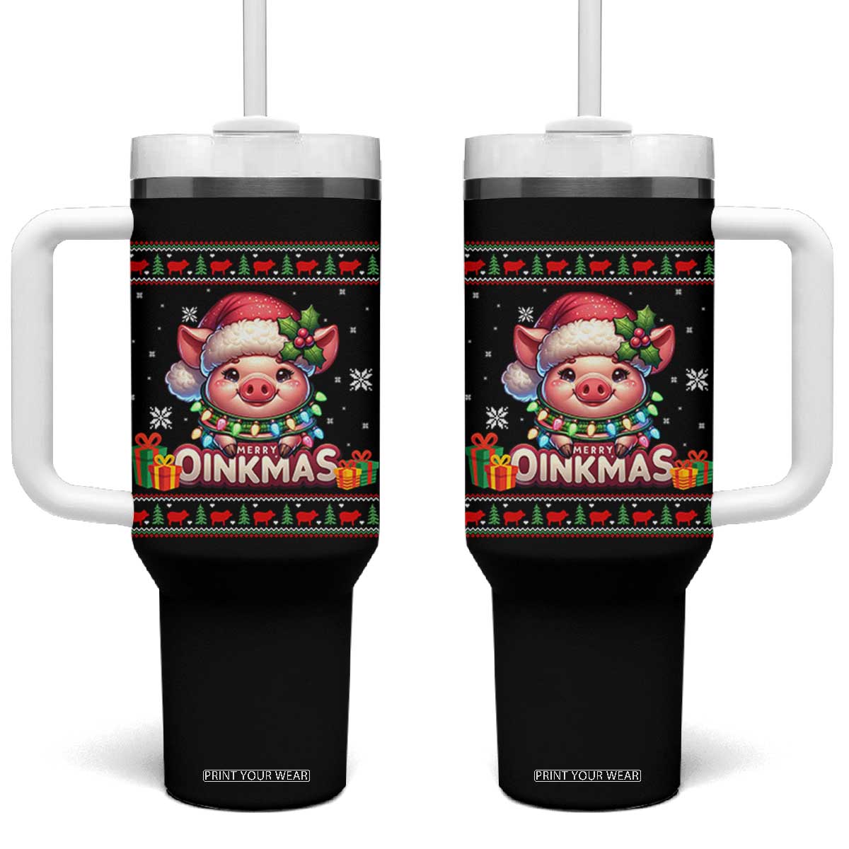 Funny Merry Oinkmas Tumbler With Handle Pig Lover Ugly Christmas Gift TS12 One Size: 40 oz Black Print Your Wear