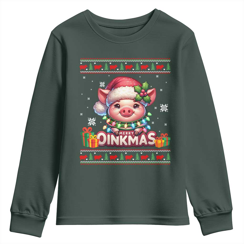 Funny Merry Oinkmas Youth Sweatshirt Pig Lover Ugly Christmas Gift TS12 Dark Forest Green Print Your Wear
