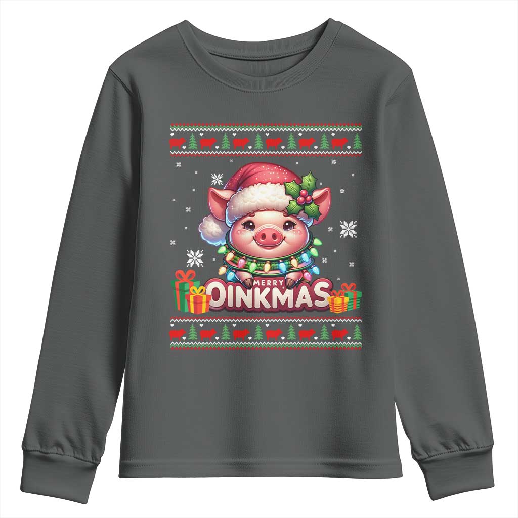 Funny Merry Oinkmas Youth Sweatshirt Pig Lover Ugly Christmas Gift TS12 Dark Heather Print Your Wear