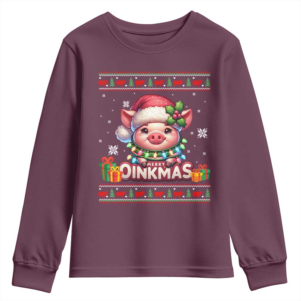 Funny Merry Oinkmas Youth Sweatshirt Pig Lover Ugly Christmas Gift TS12 Maroon Print Your Wear