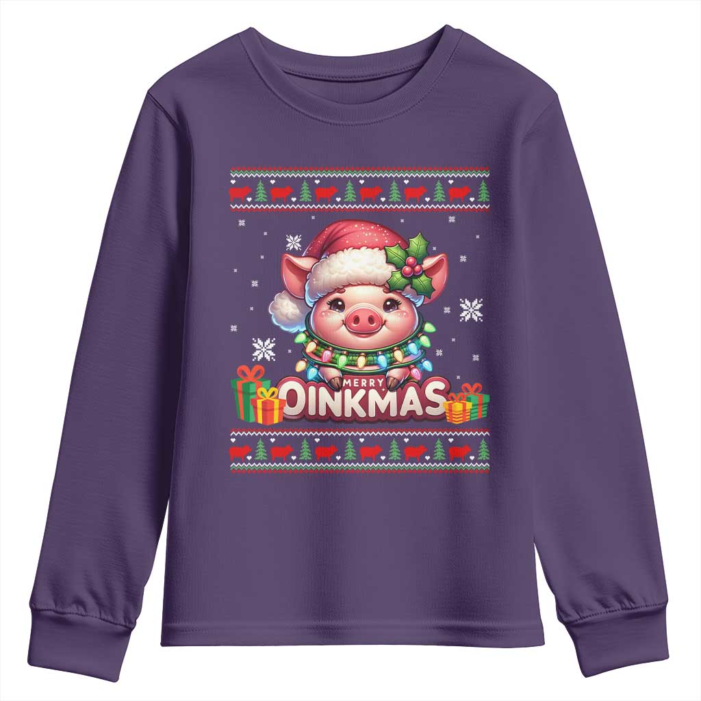 Funny Merry Oinkmas Youth Sweatshirt Pig Lover Ugly Christmas Gift TS12 Purple Print Your Wear