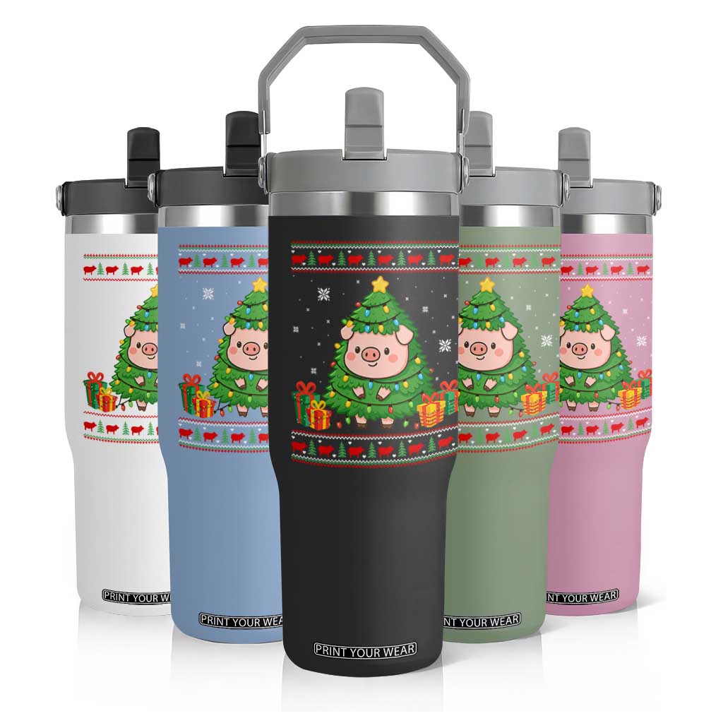Funny Pig Christmas Tree Ugly Sweater Flip Straw Tumbler Farm Animal Gift TS12 Print Your Wear