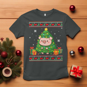 Funny Pig Christmas Tree Ugly Sweater T Shirt Farm Animal Gift TS12 Dark Heather Print Your Wear