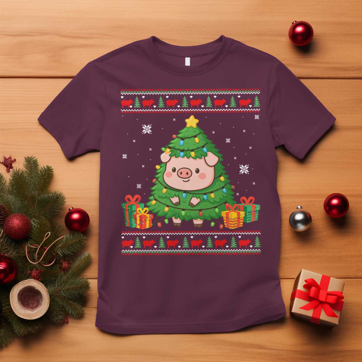 Funny Pig Christmas Tree Ugly Sweater T Shirt Farm Animal Gift TS12 Maroon Print Your Wear