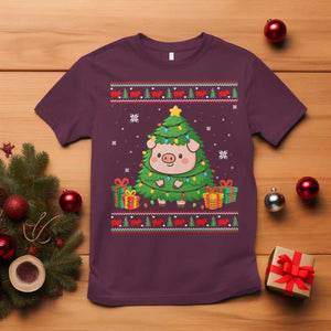 Funny Pig Christmas Tree Ugly Sweater T Shirt Farm Animal Gift TS12 Maroon Print Your Wear