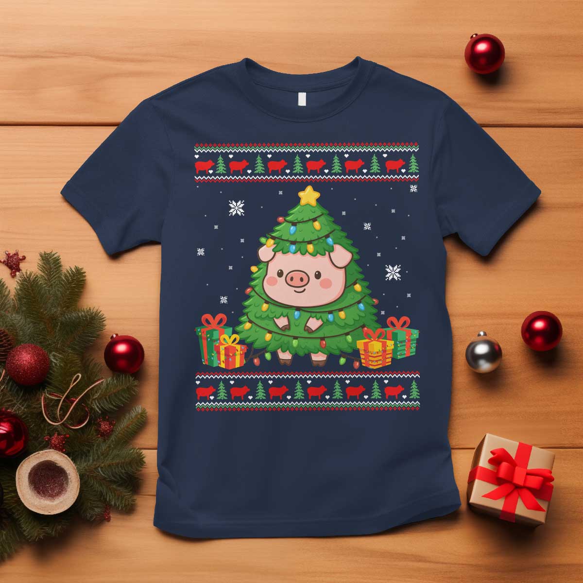 Funny Pig Christmas Tree Ugly Sweater T Shirt Farm Animal Gift TS12 Navy Print Your Wear