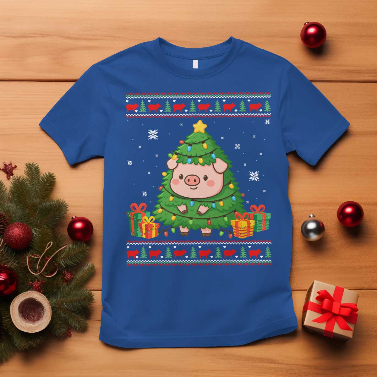 Funny Pig Christmas Tree Ugly Sweater T Shirt Farm Animal Gift TS12 Royal Blue Print Your Wear