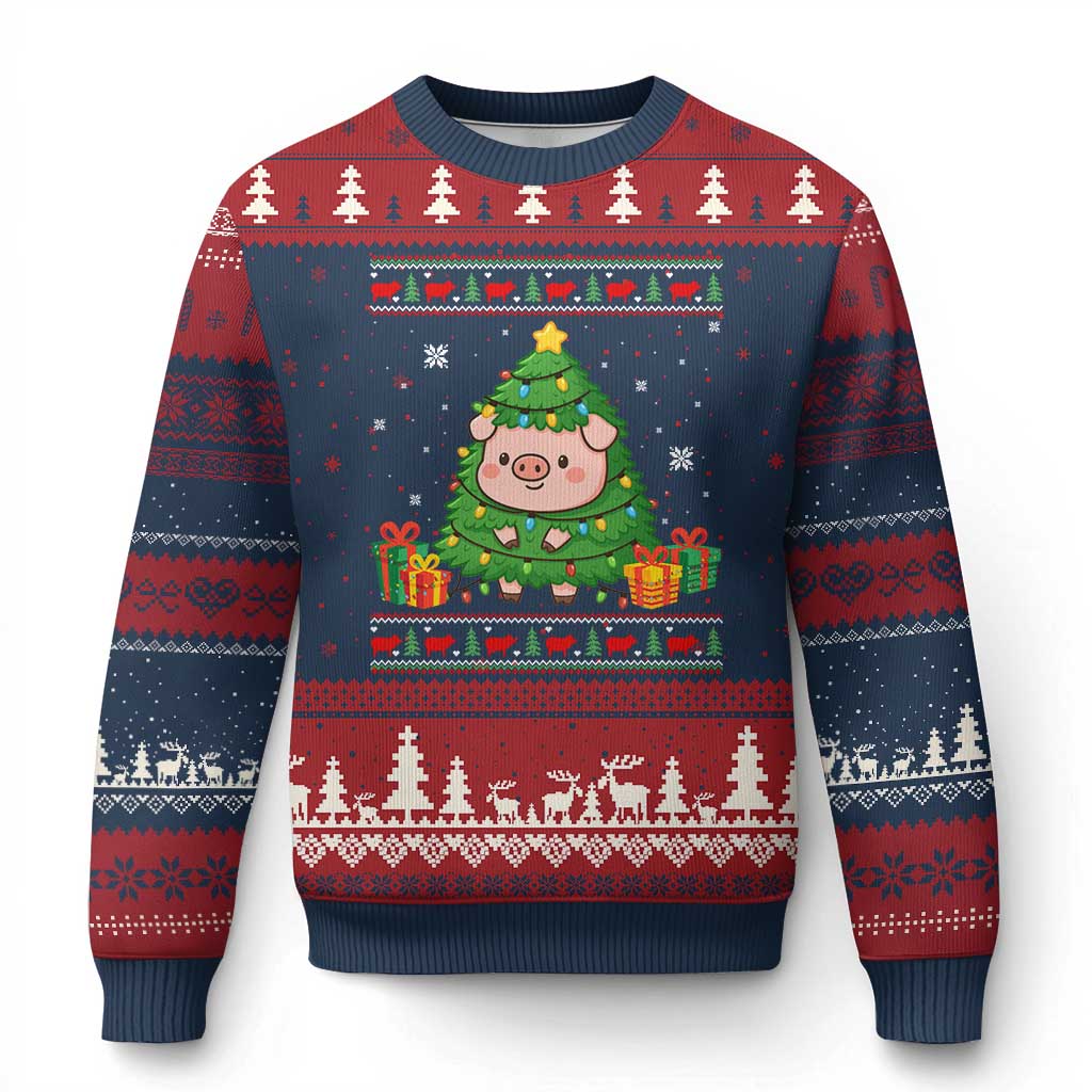 Funny Pig Xmas Tree Ugly Sweater Ugly Christmas Sweater Farm Animal Gift TS12 Navy Red Print Your Wear