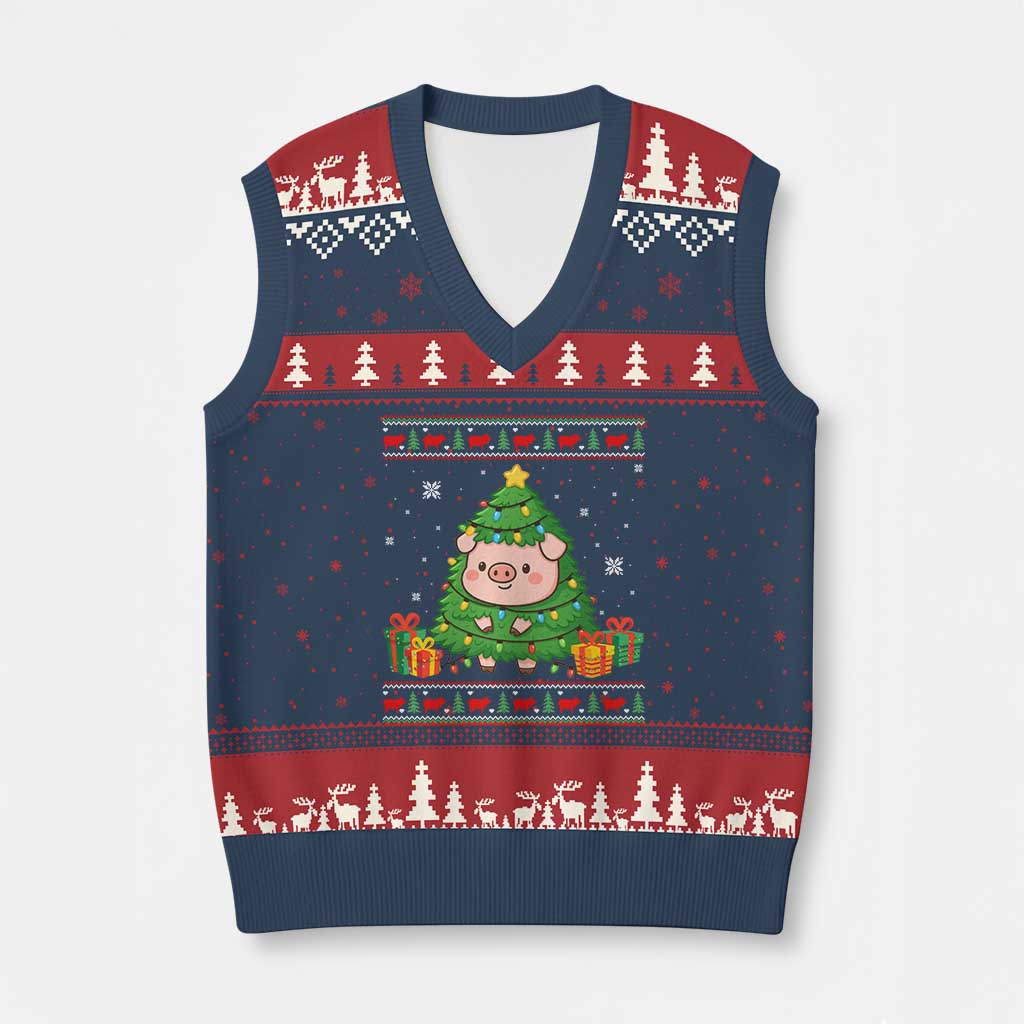 Funny Pig Xmas Tree Ugly Sweater V-Neck Knit Sweater Vest Farm Animal Gift TS12 Navy Red Print Your Wear