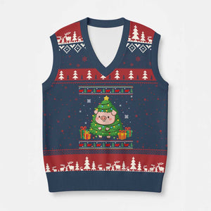 Funny Pig Xmas Tree Ugly Sweater V-Neck Knit Sweater Vest Farm Animal Gift TS12 Navy Red Print Your Wear