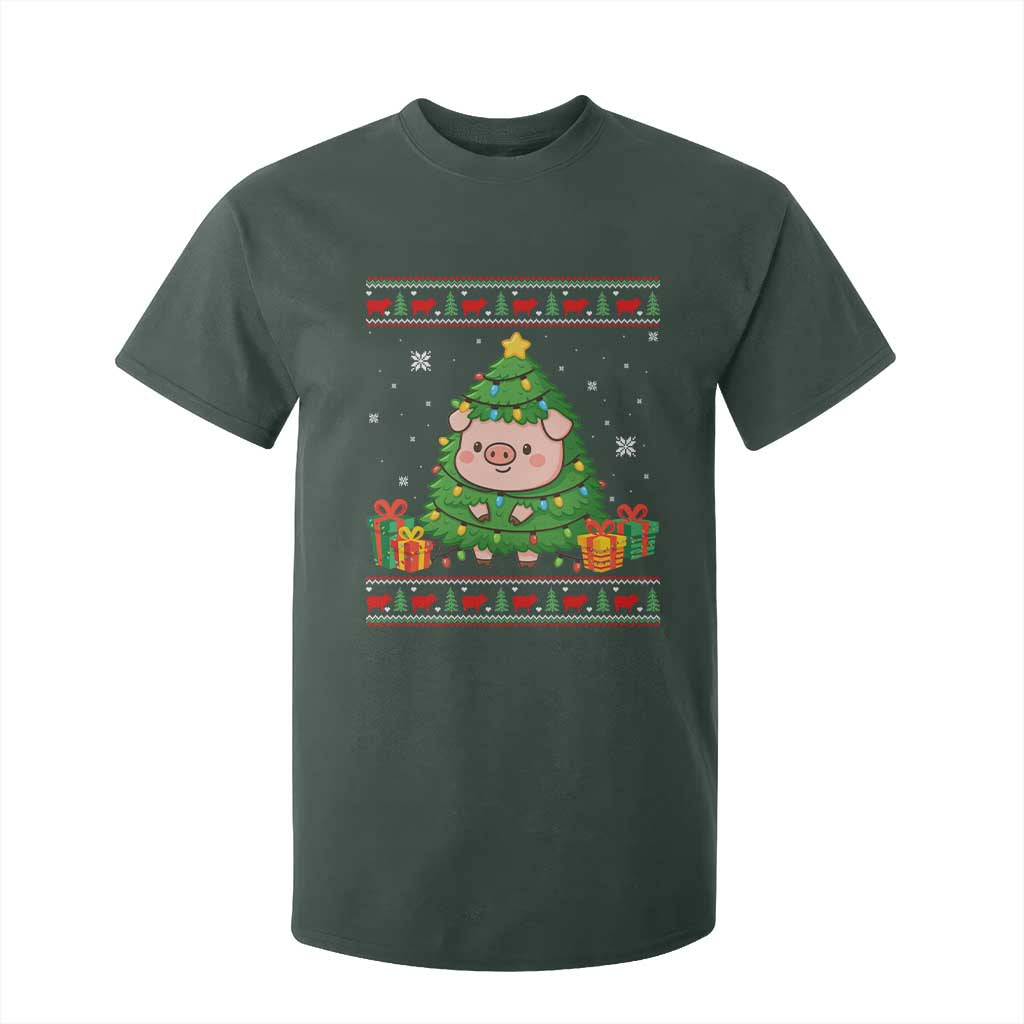 Funny Pig Christmas Tree Ugly Sweater T Shirt For Kid Farm Animal Gift TS12 Dark Forest Green Print Your Wear