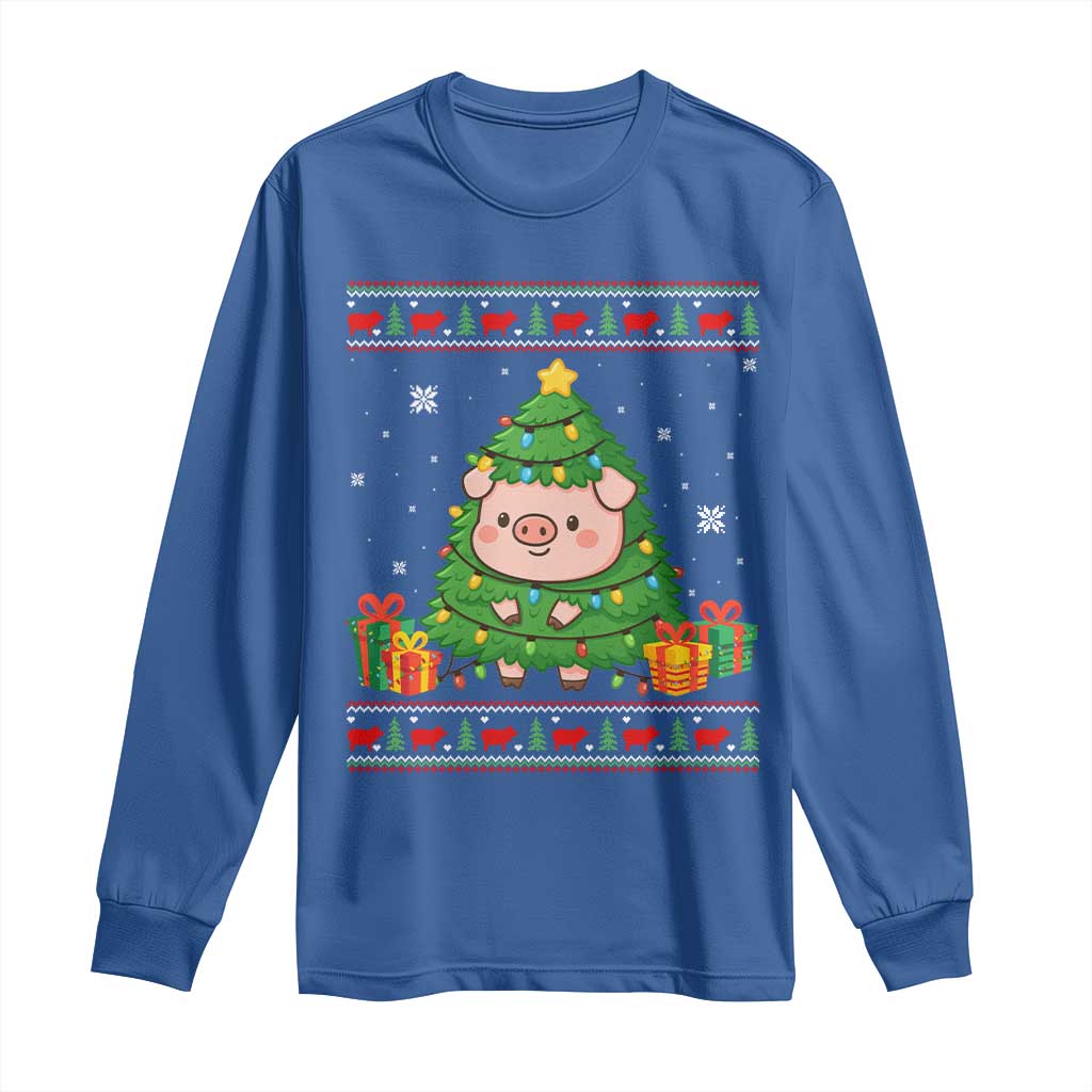 Funny Pig Christmas Tree Ugly Sweater Long Sleeve Shirt Farm Animal Gift TS12 Royal Blue Print Your Wear