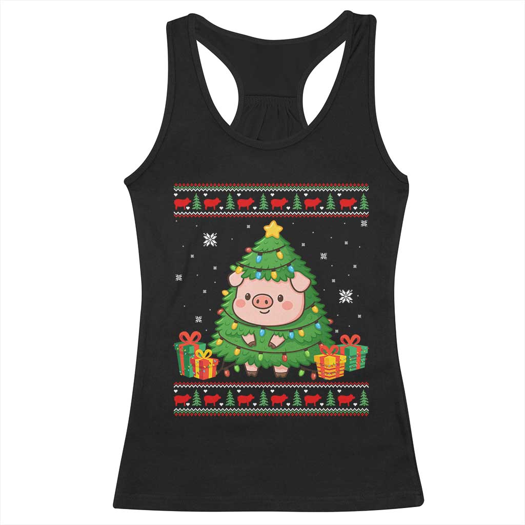 Funny Pig Christmas Tree Ugly Sweater Racerback Tank Top Farm Animal Gift TS12 Black Print Your Wear