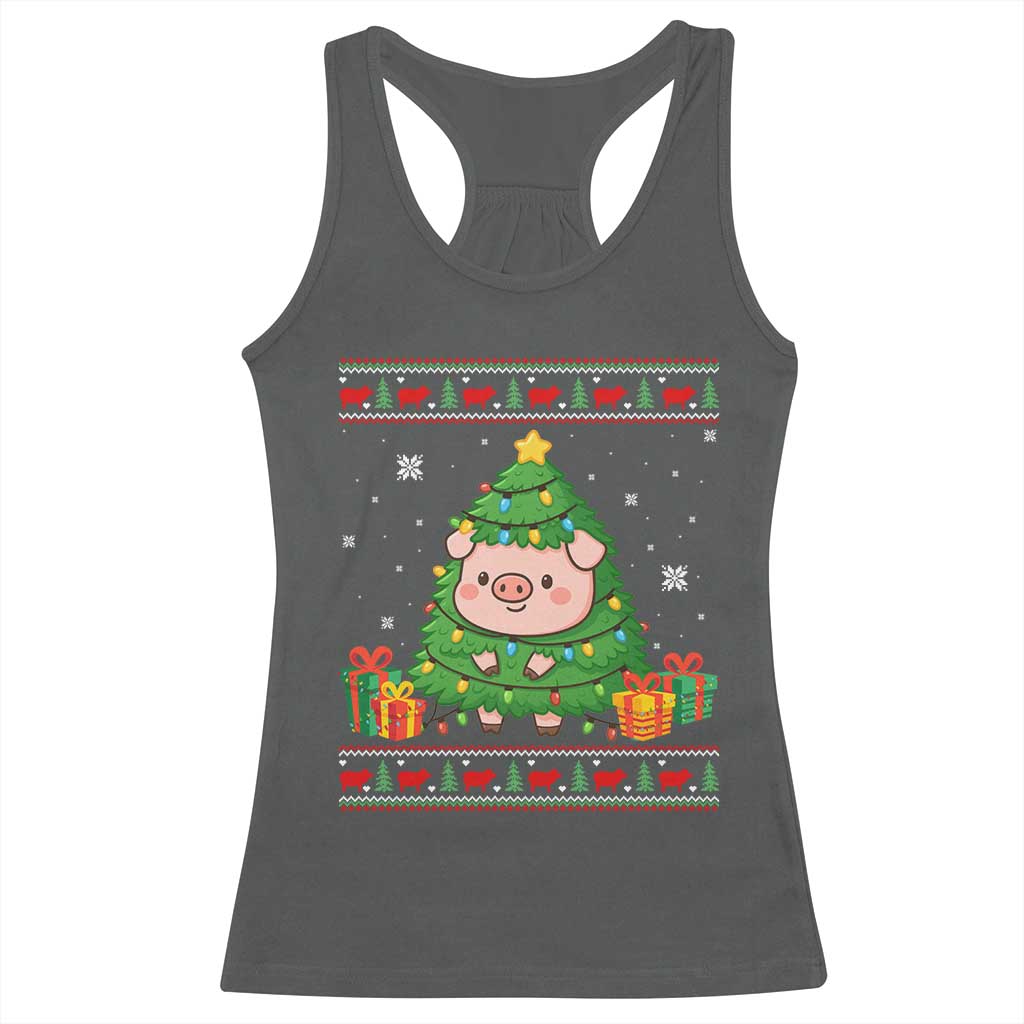 Funny Pig Christmas Tree Ugly Sweater Racerback Tank Top Farm Animal Gift TS12 Dark Heather Print Your Wear