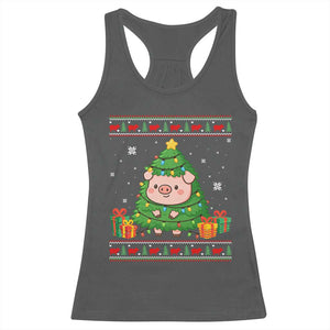 Funny Pig Christmas Tree Ugly Sweater Racerback Tank Top Farm Animal Gift TS12 Dark Heather Print Your Wear