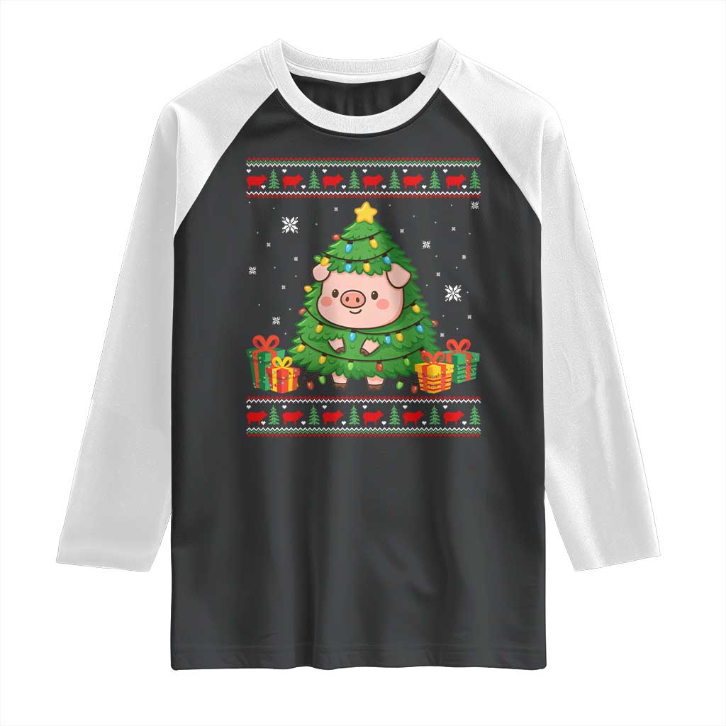Funny Pig Christmas Tree Ugly Sweater Raglan Shirt Farm Animal Gift TS12 Black White Print Your Wear